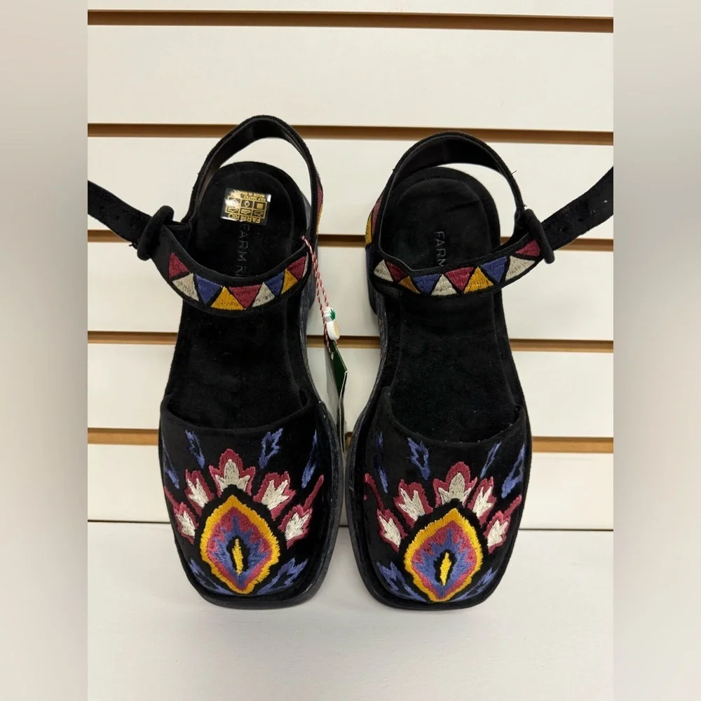 FARM Rio Black Suede Platform Sandals with Multicolor Embroidery